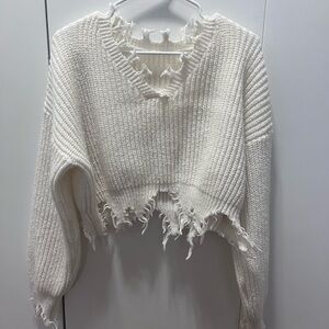White Distressed Knit Sweater